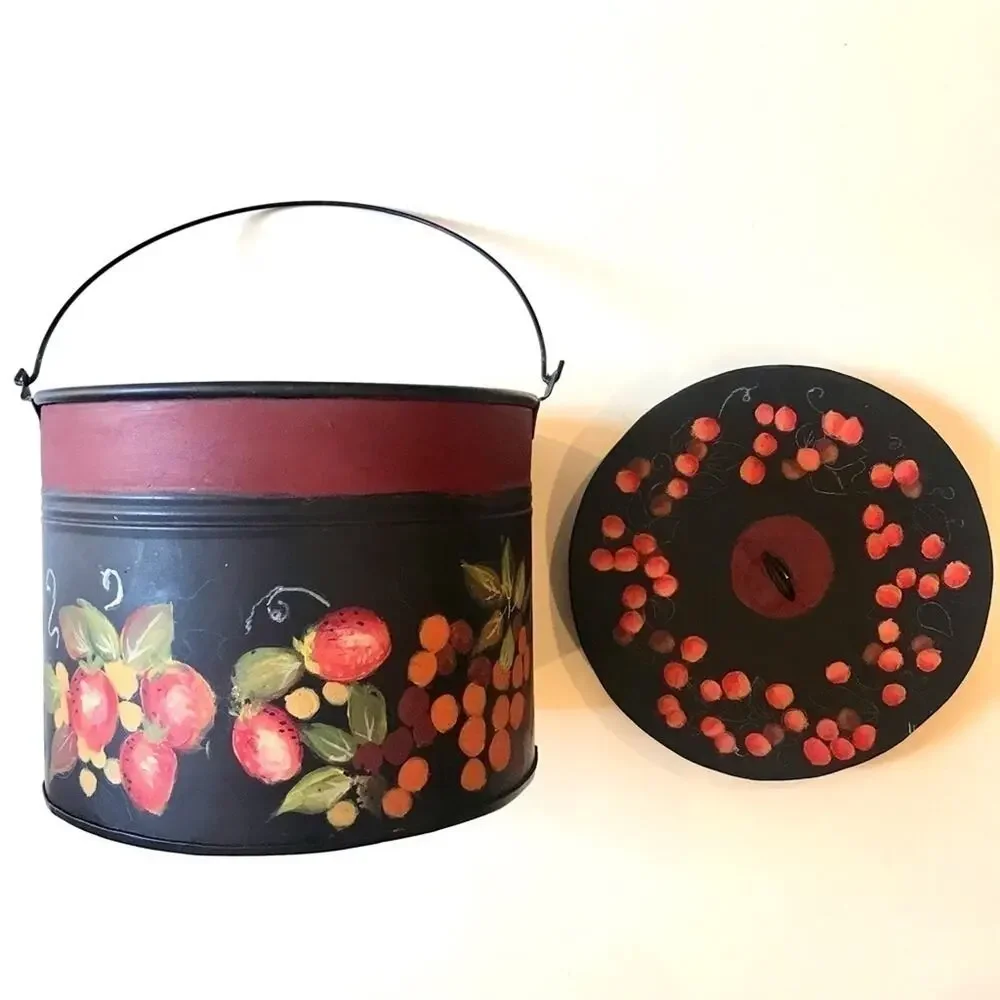 Cottagecore Hand painted Toleware Tin Bucket w/ Lid, Features a Fruit Motif